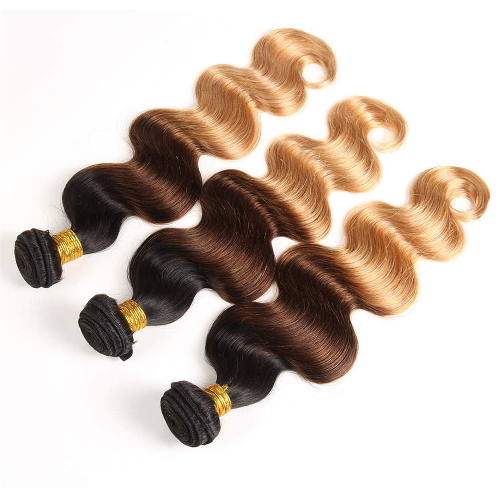 Unique Bargains Ombre Three Town#1B/4/27 Color Black Brown Blonde Brazilian 3 Bundles 100% Human Hair 10"12"14"inch