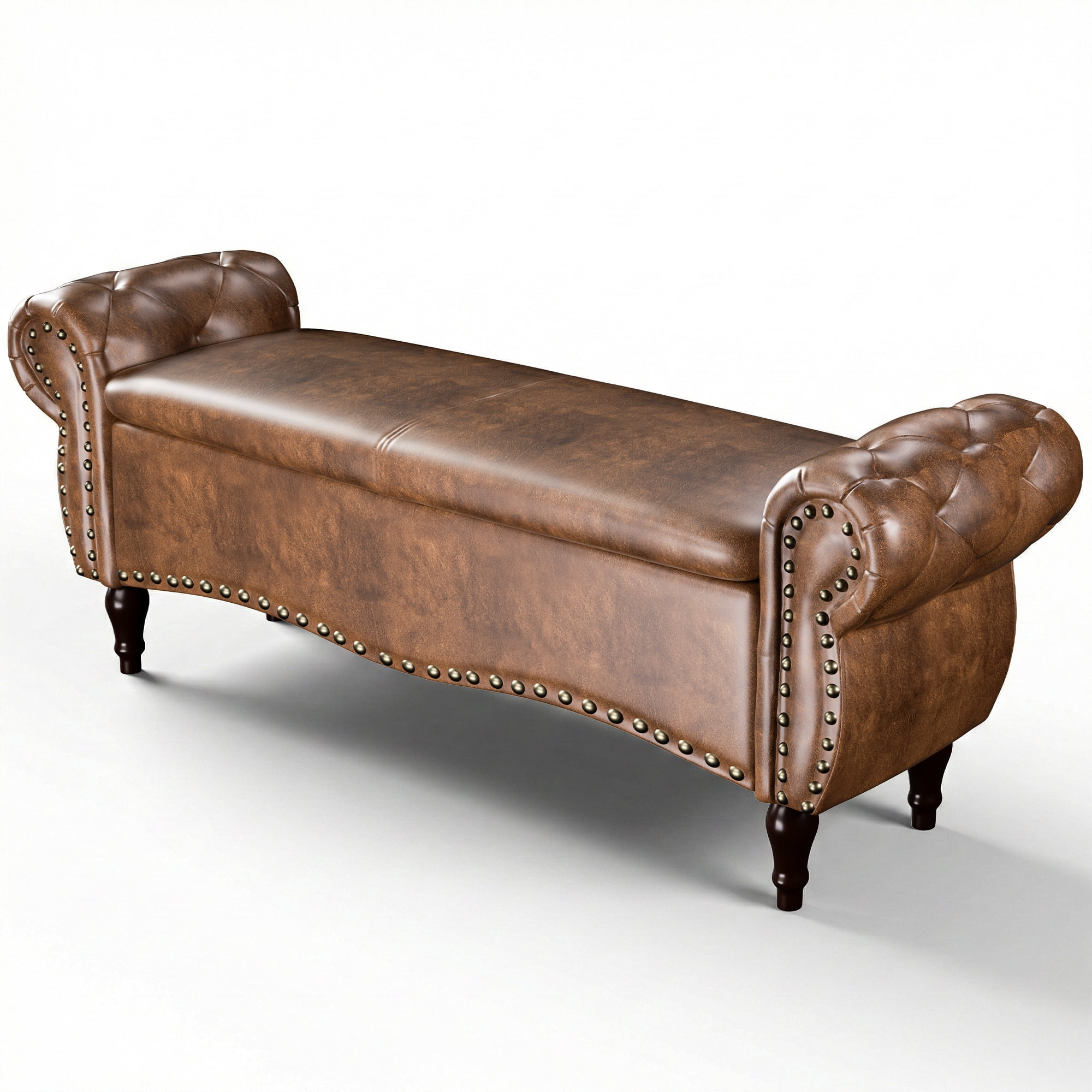 YIKEMA Upholstered PU Leather Rectangle Storage Ottoman Bench with Nailhead Trim, 51.5", Brown