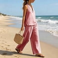 thumbnail image 7 of Karymi Workout Sets for Women 2 Piece Gingham Linen Blend Outfit Set, V Neck Sleeveless Loose Pullover Tank Top+Elastic High Waist Wide Leg Pants with Pockets Cute Tops for Women, 7 of 7