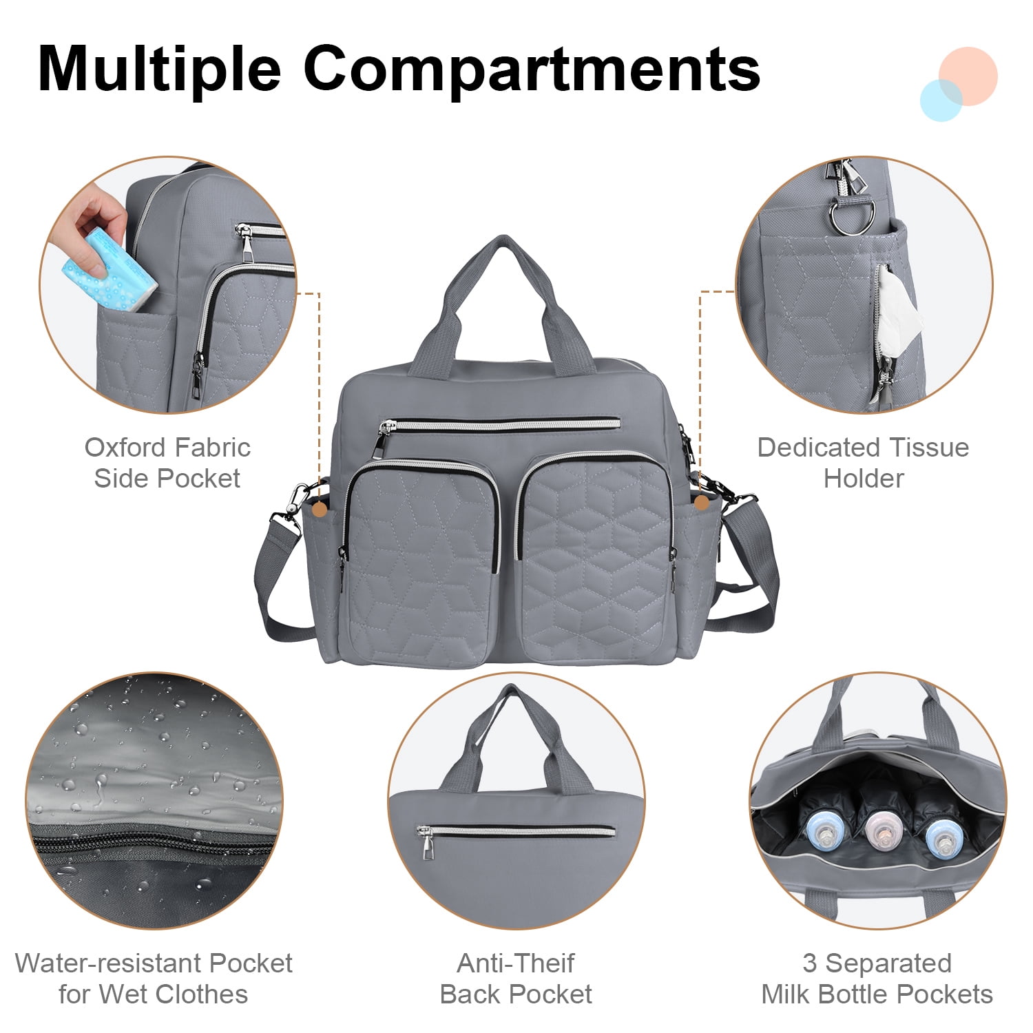 Diaper Bag Tote,AILKIN Baby Diaper Bag with 3 Insulated Pockets Adjustable Shoulder Strap Dry & Wet Compartment Large Capacity Bag Maternity Mommy Travel Diaper Bag for Boys Girls,Women(Gray)