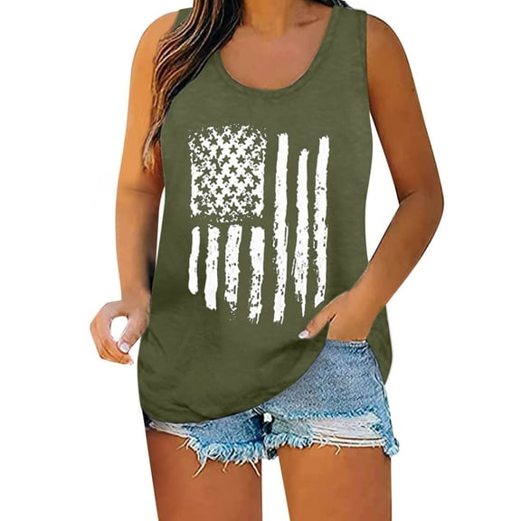 Pimfylm Tank Tops Shirts for Women Summer Striped Top Independence Day American Flag Shirt(Army Green,S)