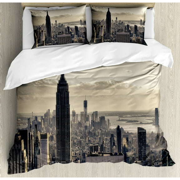 New York Duvet Cover Sets, Aerial View of NYC in Winter American Architecture Historical Popular Metropolis, Bedding Set with 2 Duvet Covers & 2 Pillowcases, 2 Pack Twin Size, Beige Grey, by Ambesonne
