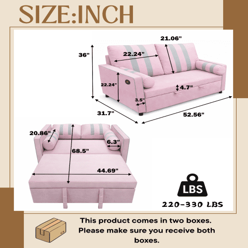 68.5 Inch Pink 2-Seater Pull Out Sleeper Sofa Bed with USB Charging Port, 3-Position Adjustable Backrest Convertible Loveseat for Living Room, Guest Room, Apartment