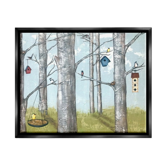 Stupell Industries Birdhouses Woodland Birch Trees Animals & Insects Painting Black Floater Framed Art Print Wall Art
