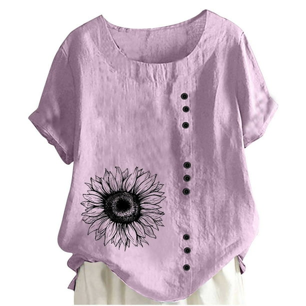 Camiseta Casual de Manga Corta con Botón de Cuello Redondo de las Mujeres, Tops Cortos para las Mujeres