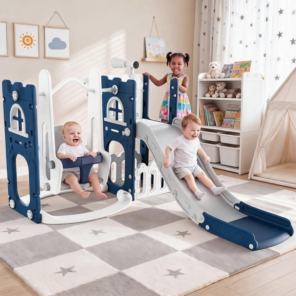 9 In 1 HDPE Freestanding Toddler Play Set With Slide Baby Swing Climber And Multi Interactive Attachments