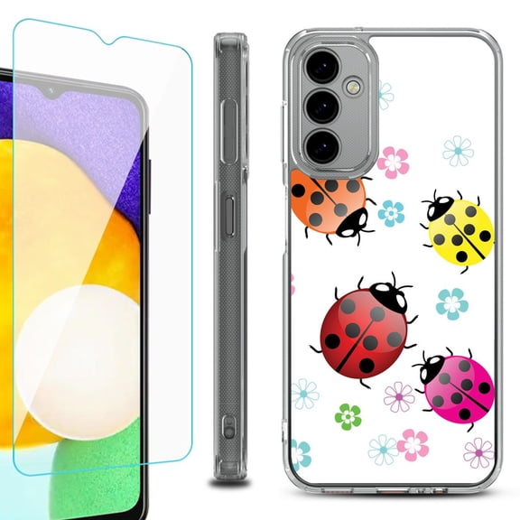 Shockproof Bumper Phone Case for Samsung Galaxy A14 5G, with Tempered Glass Screen Protector, by OneToughShield ® - Ladybug