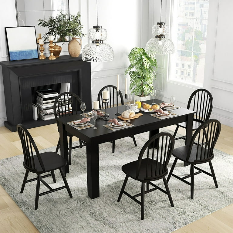Gymax 7-Piece Dining Set - Rectangular Wooden Table and 6 Windsor