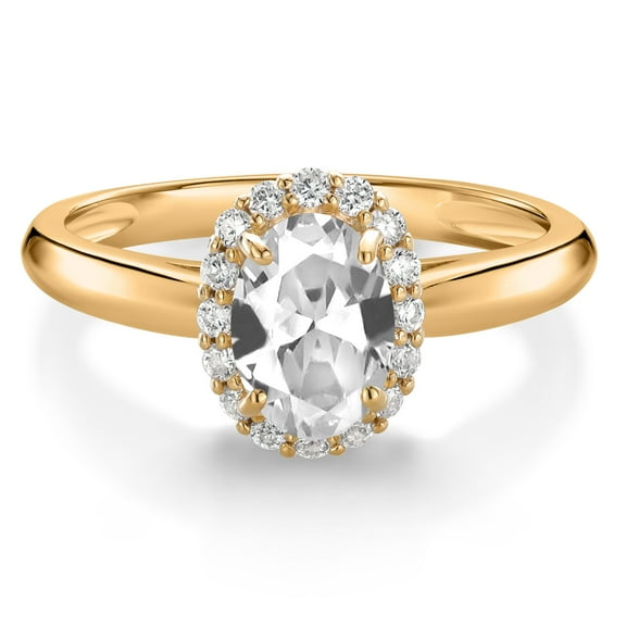 Gem Stone King 10K Yellow Gold White Created Sapphire and Lab Grown Diamond Halo Engagement Ring for Women (1.13 Cttw, Gemstone September Birthstone, Oval 7X5MM, Size 8)