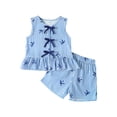 thumbnail image 2 of CUZIBR Summer Toddler Baby Girls 2 Piece Sets Sleeveless Striped Prints Cute Bow Crewneck Ruffles Trim Tank Top Blouse Shorts Breathable Stylish Lightweight Outfits,Blue,9-12 Months, 2 of 6