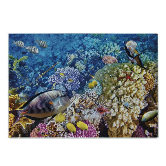 Fish Cutting Board, Egyptian Red Sea Bottom View with Marine Creatures Top of Tribal Ocean Scuba Image, Decorative Tempered Glass Cutting and Serving Board, Small Size, Multicolor, by Ambesonne
