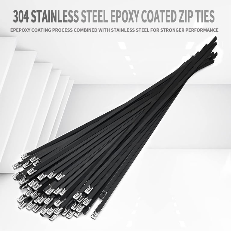 Metal Zip Ties Black 100Pcs 11.8 Inch 304 Stainless Steel Epoxy