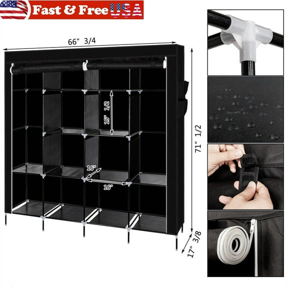 [IN STOCK] Portable Clothes Closet Rolling Door Wardrobe with Hanging Rack Non-Woven Fabric Storage Organizer with Three Drawer Boxes No-Tool Assembly