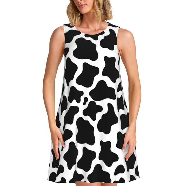 Fotbe Cow Print Black White Vestido de Verano sin Mangas para Mujer – Vestido Midi Línea A, Estilo Camiseta Floral, Vestido Playero Casual y Fluido