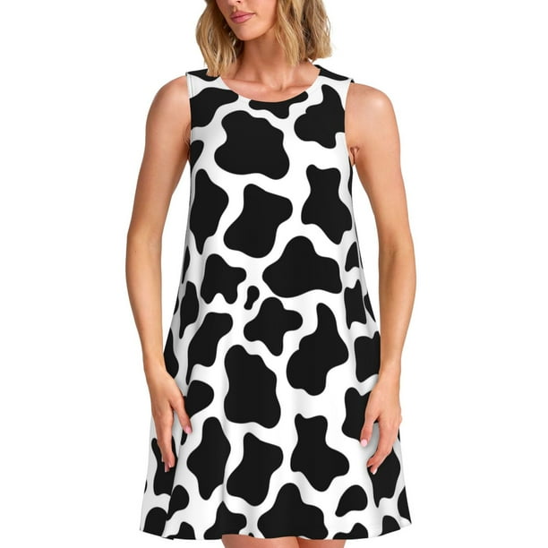 Fotbe Cow Print Black White Vestido de Verano sin Mangas para Mujer – Vestido Midi Línea A, Estilo Camiseta Floral, Vestido Playero Casual y Fluido
