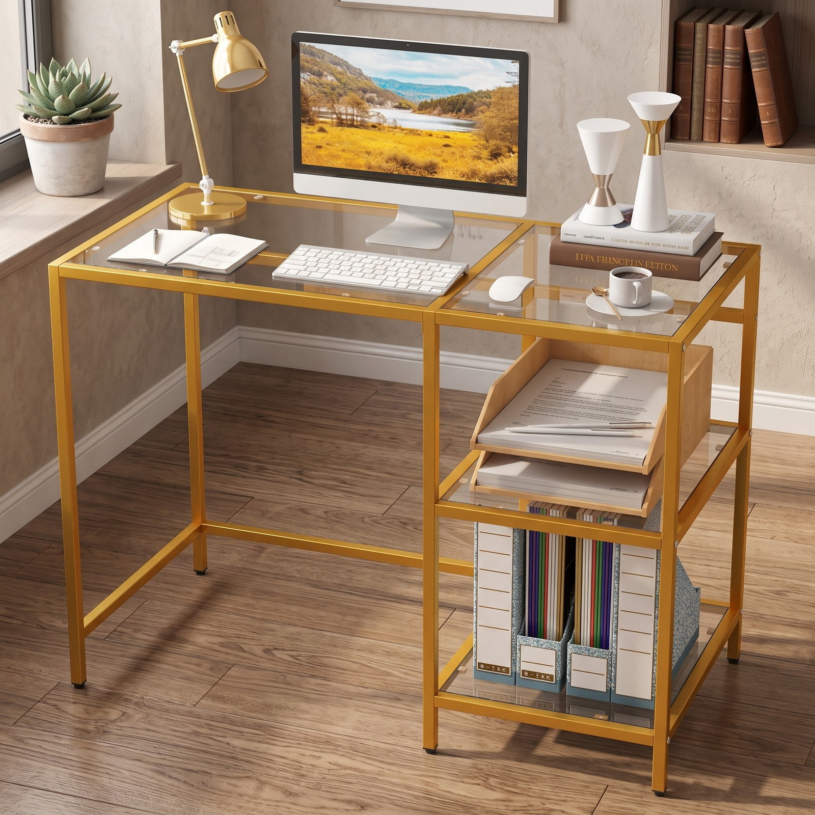 Furnibear Modern Console Table with Tempered Glass Top and 2 Open Shelves and Rust-Resistant Metal Frame for Entryway, Golden