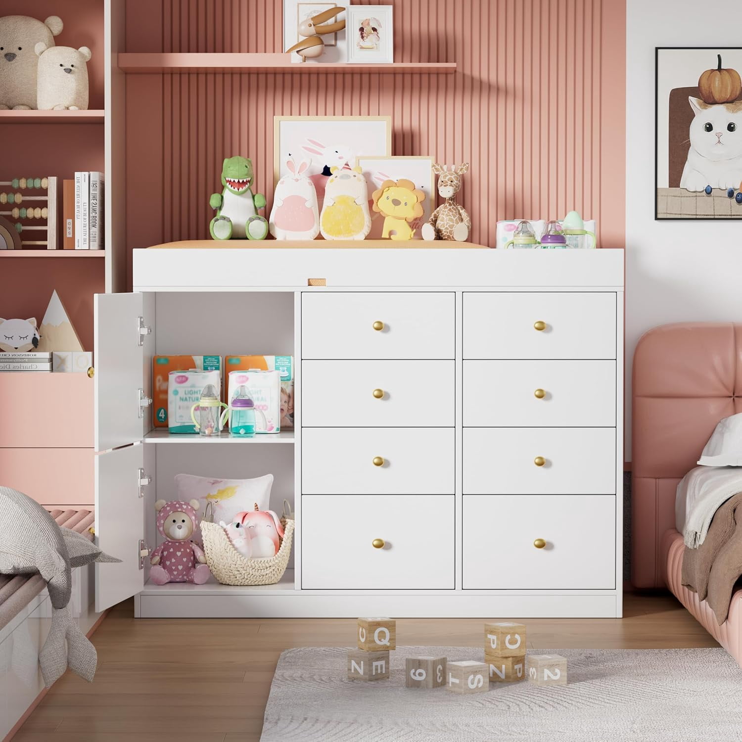 PAKASEPT 43.3" W Changing Table Dresser with Changing Table Top, Baby Nursery Dresser with 8 Drawers and 2 Cabinet, Diaper Changing Station