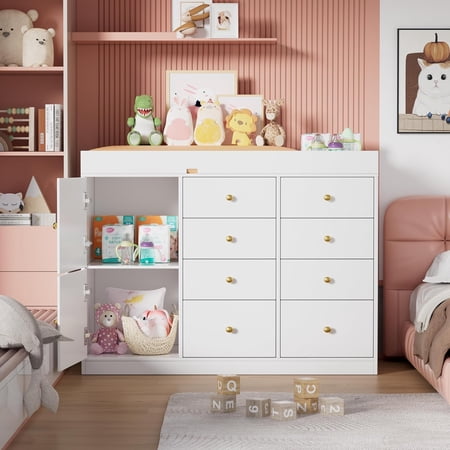 Classic Baby Nursery Dresser w/ 8 Spacious Drawers 2 Cabinets Multi-Functional Diaper Changing Station Changing Table for Kids Room