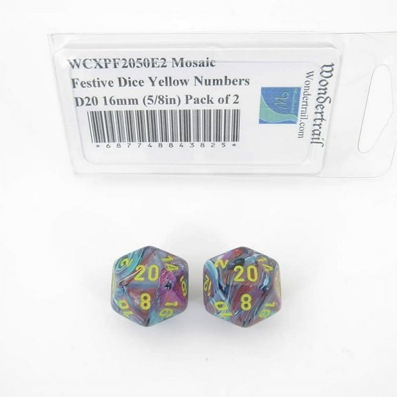 Mosaic Festive Dice with Yellow Numbers D20 Aprox 16mm (5/8in) Pack of 2 Wondertrail