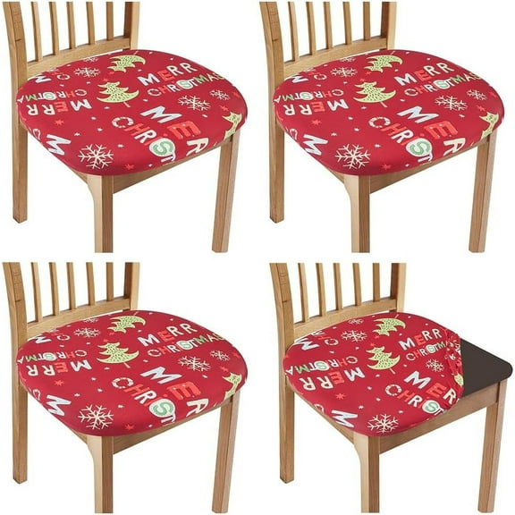 4PCS Christmas Chair Seat Covers Snowflake Printed Seat Cover Red Removable Washable Elastic Ties Upholstered Chair Protector Seat Cushion Slipcovers for Kitchen Office Colorful DIY
