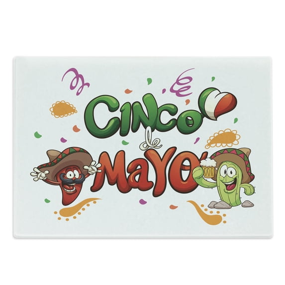 Cinco de Mayo Cutting Board, Cartoon Cactus and Pepper Characters Text with Heart Flag, Decorative Tempered Glass Cutting and Serving Board, in 3 Sizes, by Ambesonne