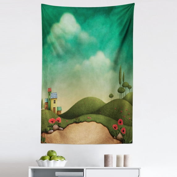 Mural Tapestry, Abandoned Village of 4 Houses Behind the Hills and Poppy Flowers on a Cloudy Day, Fabric Wall Hanging Decor for Bedroom Living Room Dorm, 5 Sizes, Multicolor, by Ambesonne