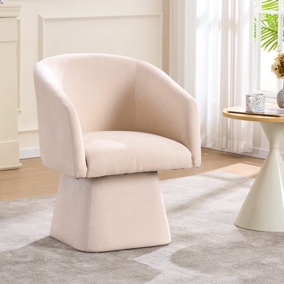 ENYLAY Swivel Modern Accent Chair,Luxury Fabric Upholstered Makeup Chair Comfy Barrel Chair with No Wheels,360°Rotating Vanity Armchair for Living Room Bedroom Office (Beige, 1 Pc)