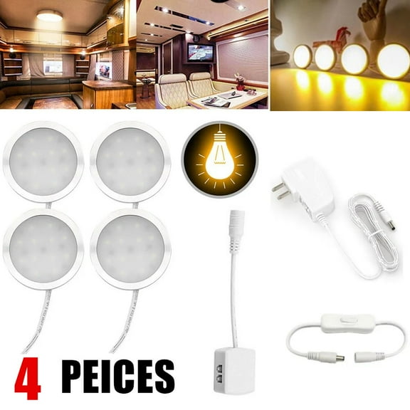 4 Pack LED Under Cabinet Lighting Kit Linkable Puck Lights with Touch Dimmer,Wired Plug in Under Counter Lighting for Curio Bar, Kitchen, Cupboard,Bookcase,Closet Furniture (3000K Warm White)