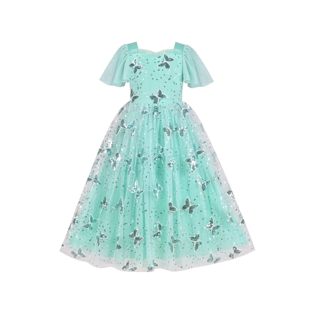 Vestido de Niña de Flores Verde Aqua Mariposa Lentejuelas Fiesta Princesa Formal 7 Años