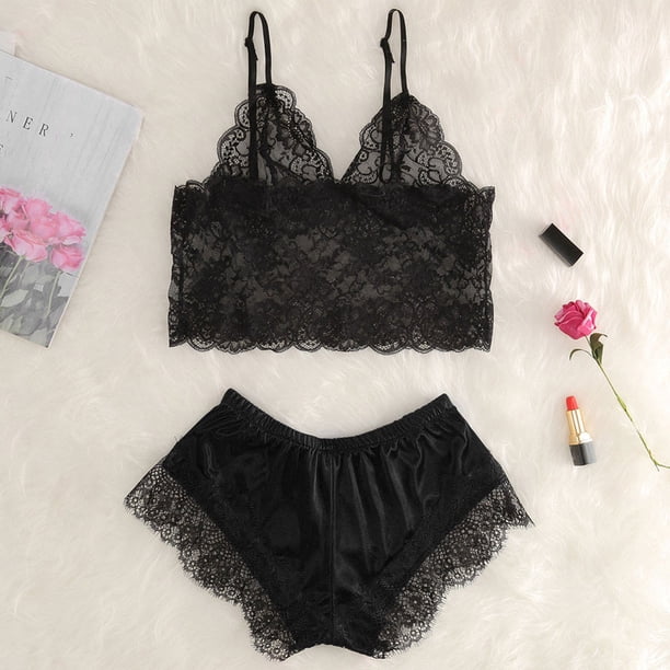 Ropa de dormir sexy para mujerconjunto de pijama con pantalón corto y top de encaje de seda (negro S) Ndcxsfigh Para estrenar