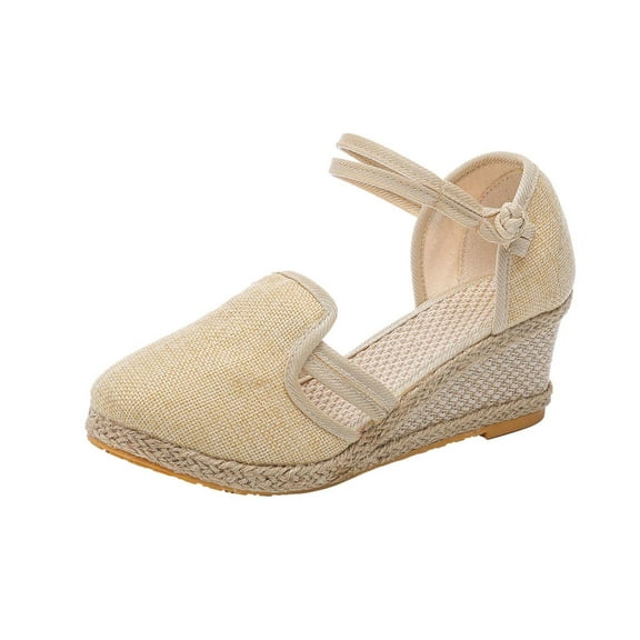 Qiaocaity Womens Wedges Shoes Low Heel Canvas Sandals Closed Toe Sandals Beige Size 4.5