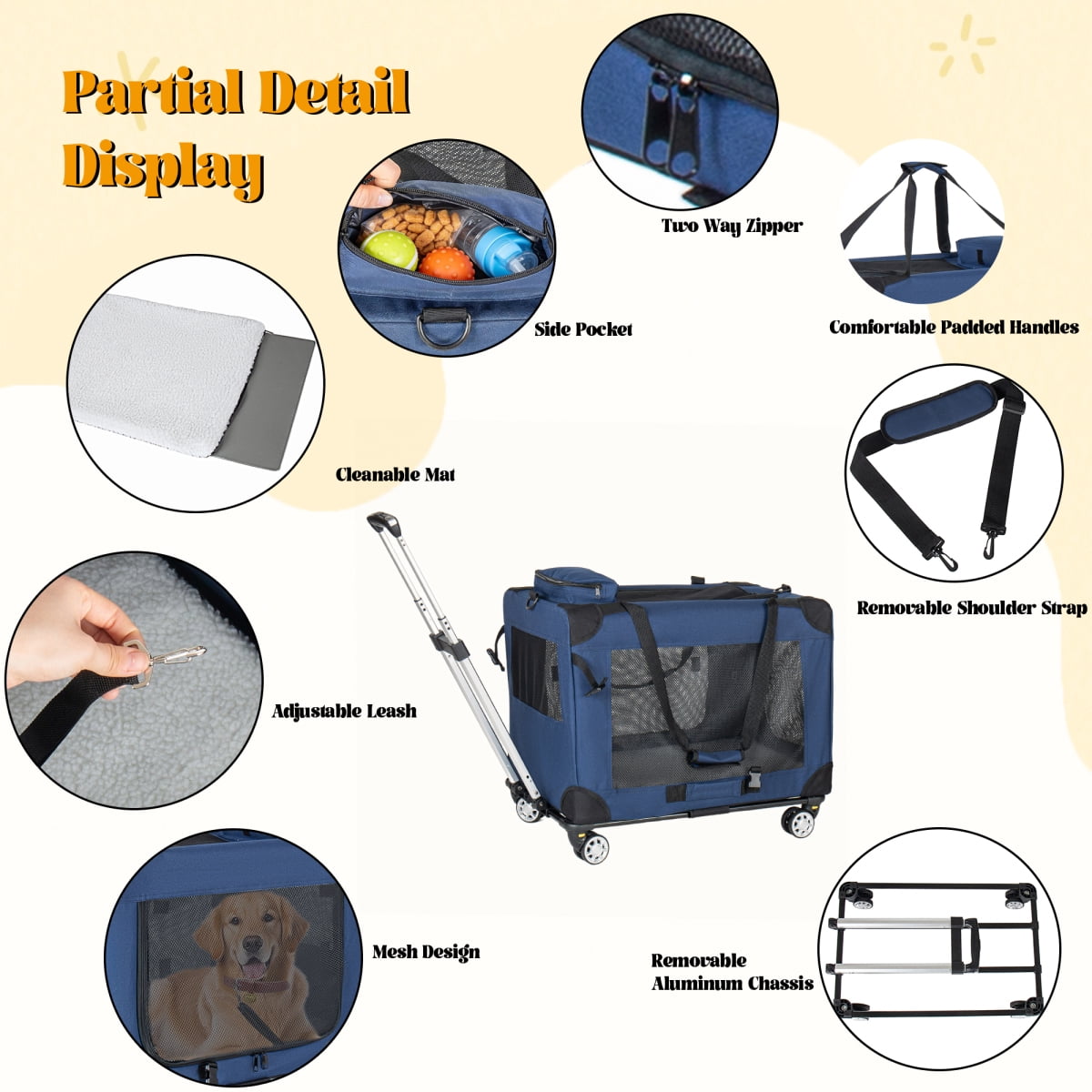 28" Collapsible Travel Dog Crate with Wheels, 3-Door Rolling Pet Carrier for Medium Large Dogs, Foldable Kennel with Mesh Windows (Dark Blue)