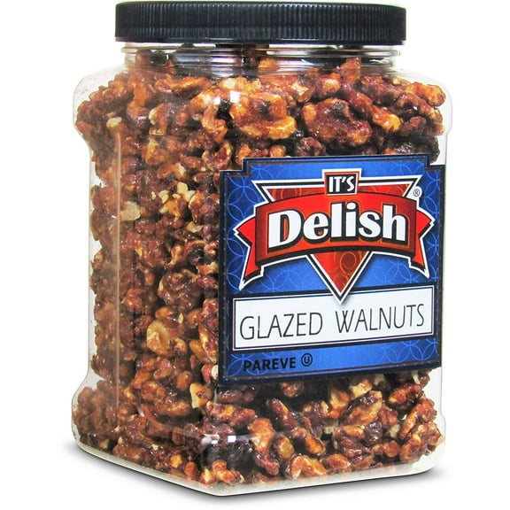 Gourmet Glazed Walnuts by Its Delish, 30 Oz Jumbo Reusable Container Jar  Vegan, Kosher, Non-GMO, No Artificial Flavors  Healthy Protein-Packed Lightly Sweetened Walnuts for Dessert, Baking,...