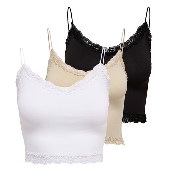 ONLY Top corto para mujer paquete de 3 - ONLVICKY LACE SEAMLESS CROPPED TOP, top de tirantes, encaje Negro/Blanco/Beige XS/S (X-Small/Small)