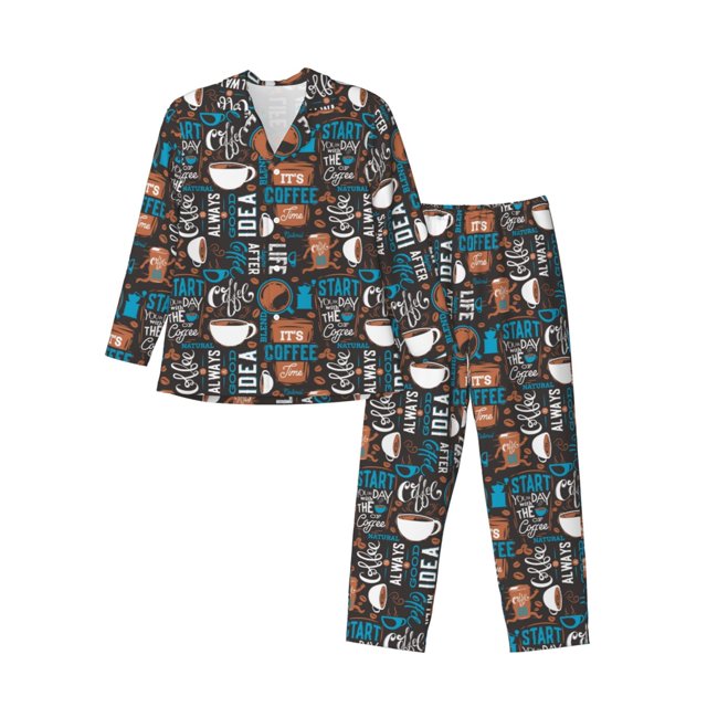 Balery Coffee Lover Print Pijama para Hombre de Dos Piezas con Manga Larga, Conjunto de Dormir y Descanso Suave con Bolsillos-XX-Large