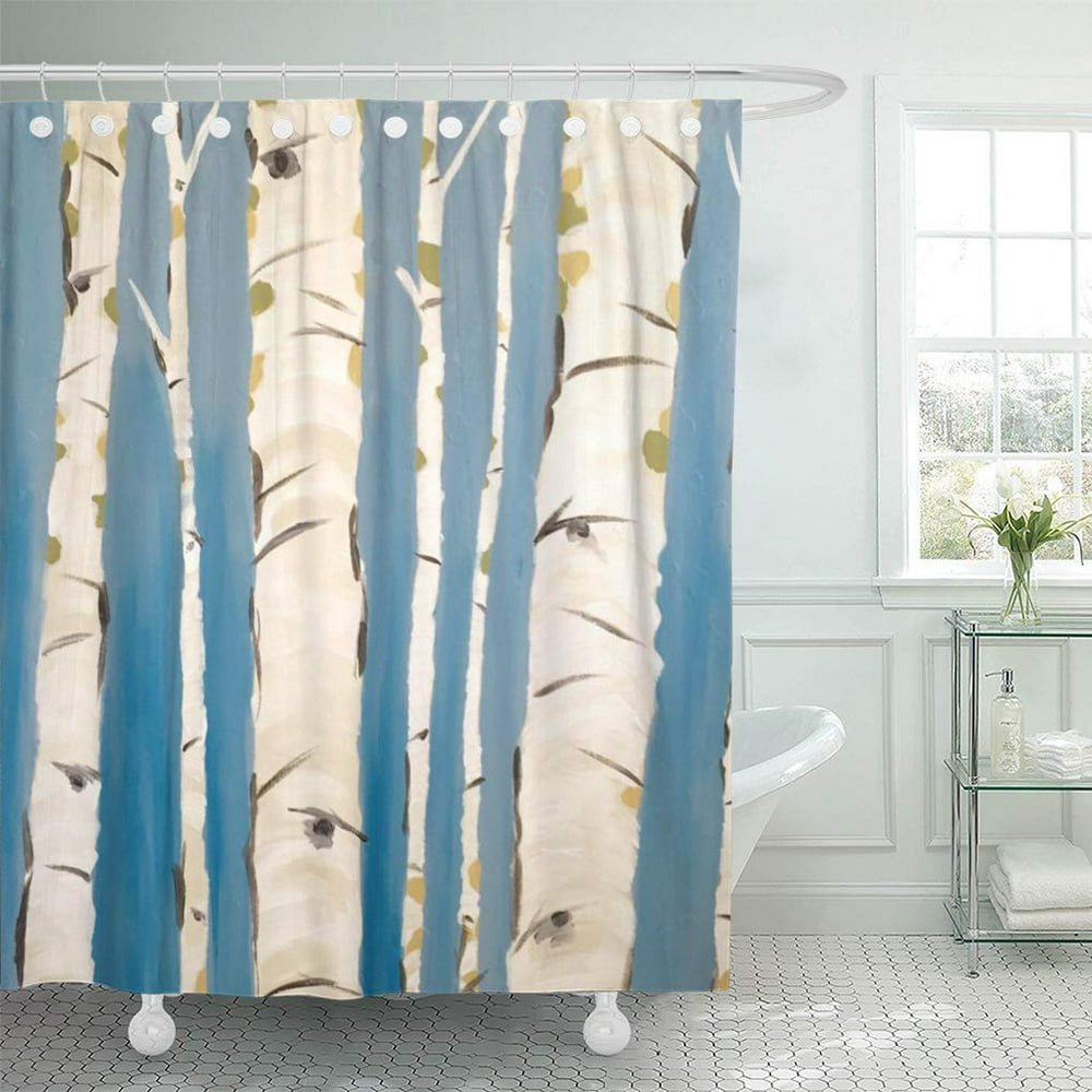 CYNLON Blue Abstract Birch Tree Bathroom Decor Bath Shower Curtain