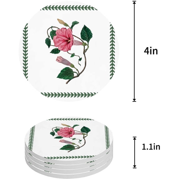 FMSHPON Plant Flower Leaves Morning Glory Set of 4 Round Coaster for Drinks, Absorbent Ceramic Stone Coasters Cup Mat with Cork Base for Home Kitchen Room Coffee Table Bar Decor