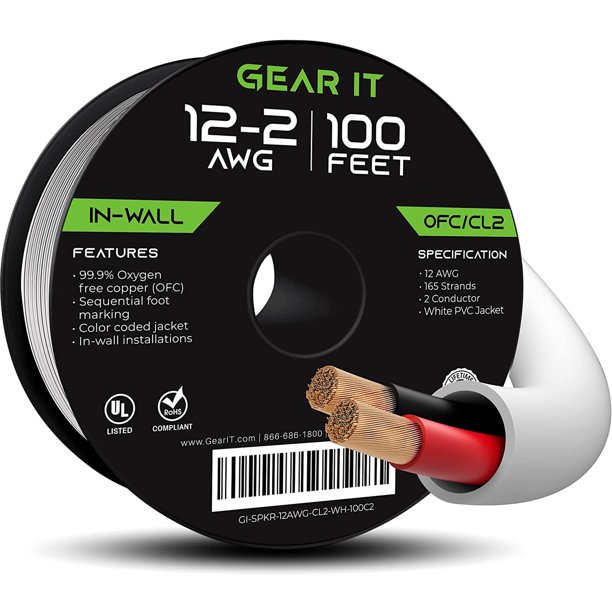 GearIT 12/2 2Conductor 12AWG In Wall Speaker Wire Audio Cable OFC, White 100 ft
