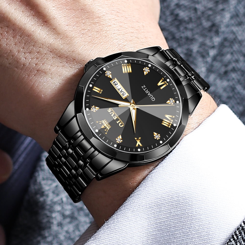 OLEVS Watch for Men Diamond Business Dress Analog Quartz Stainless Steel Waterproof Luminous Date Luxury Casual Wrist Watch Black Dial