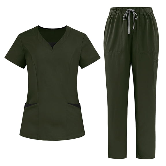 Stralyhd Scrubs for Women Set V-Neck Pocket Top & Drawstring Straight Leg Scrub Pants Stretch Nursing Scrubs Set Uniform Army Green L