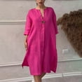 thumbnail image 3 of Dvprdro Women Plus Size Dress Summer Fashion Solid Button V Neck Short Sleeve Side Split Imitation Flowy Cotton Linen Dress Casual Loose Beach Sun Midi Dress, 3 of 5