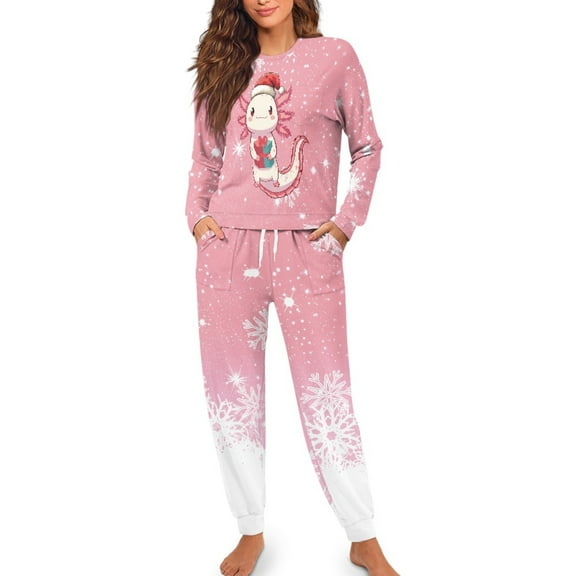 Yuyamidu 2 Pack Axolotl Long Sleeve Pajama for Women Snowflake Sleepwear Pjs Nightwear Christmas Pajamas Top and Pants Set with Pockets Pink Daily Home Wear Size S