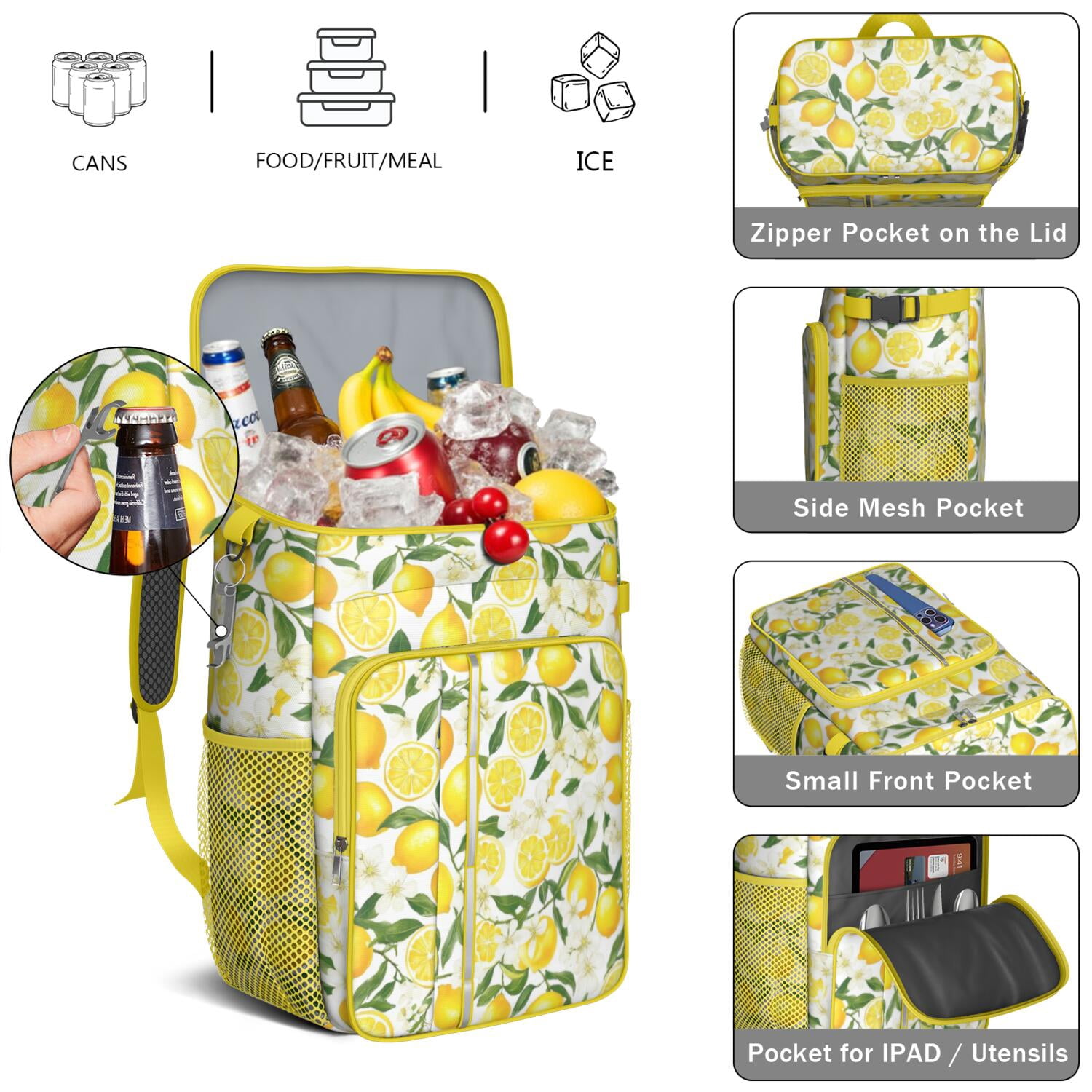 Travel Cooler Bag - Lemon Camping Beer Cooler Backpack with Bottle Opener- Waterproof Insulated Picnic Backpacks - Cooler Bag for Beach