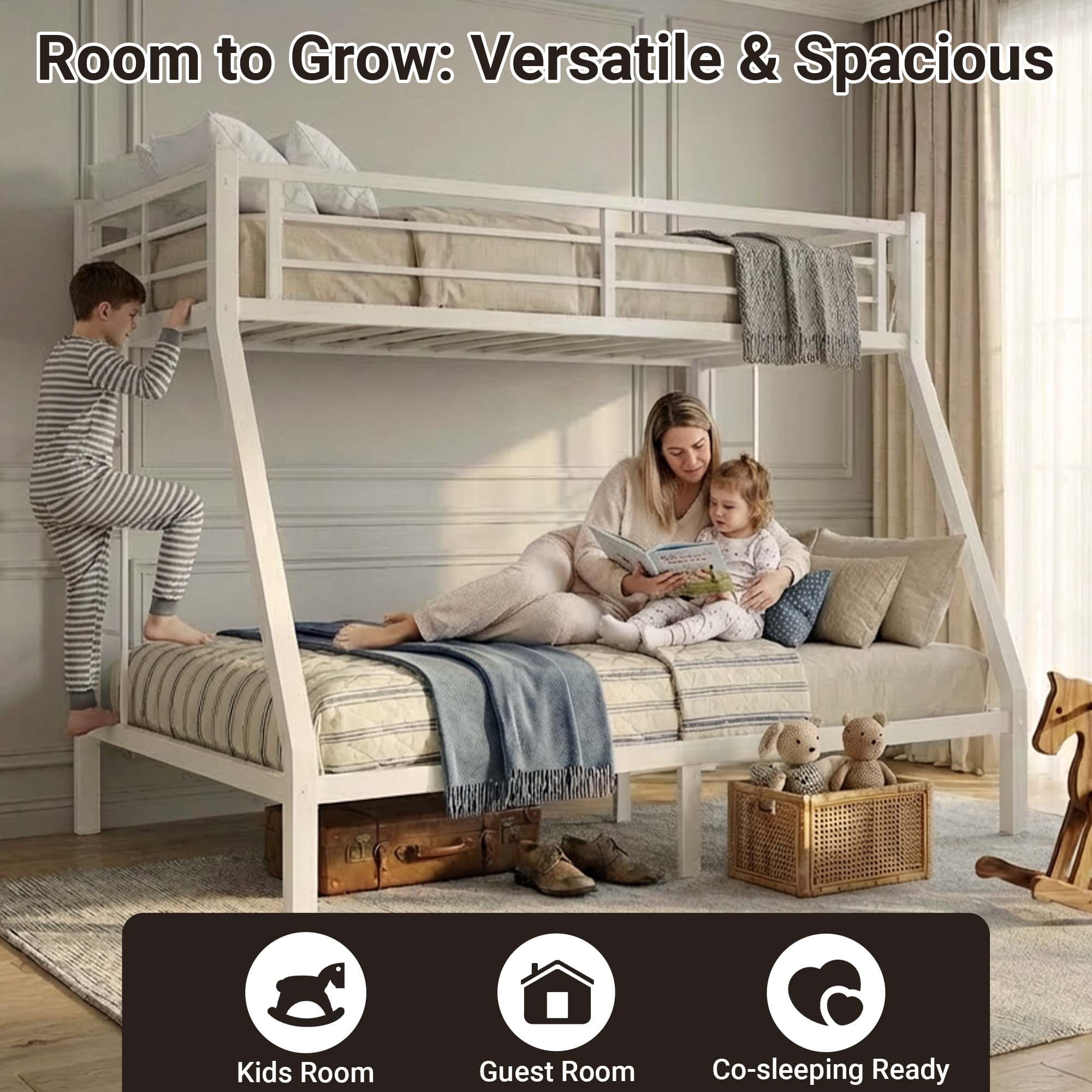 Miniyam Twin Over Full Metal Bunk Bed Frame with Ladder and Guardrails, White