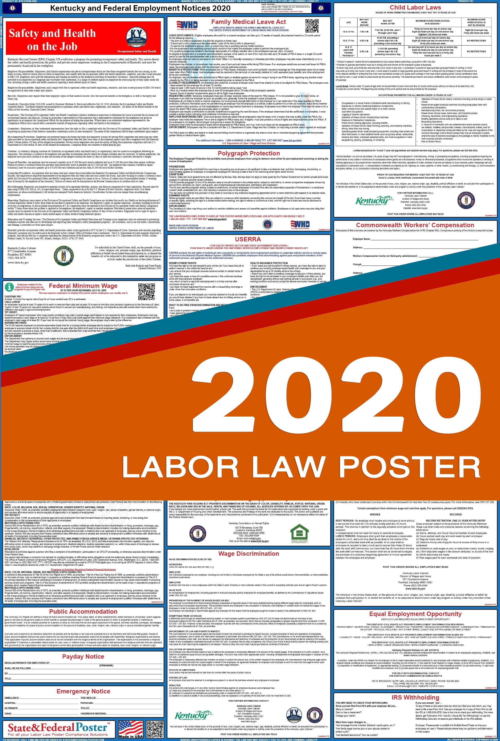 2020 Kentucky State and Federal Labor Law Poster (Laminated) Walmart