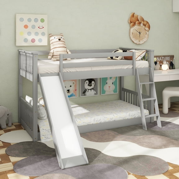 Twin over Twin Bunk Bed with Convertible Slide and Ladder, Gray