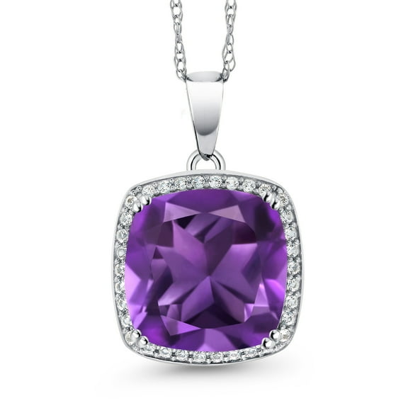 Gem Stone King 10K White Gold Purple Amethyst and White Created Sapphire Pendant Necklace for Women (6.74 Cttw, Gemstone February Birthstone, Cushion Cut 12MM, with 18 inch Chain)