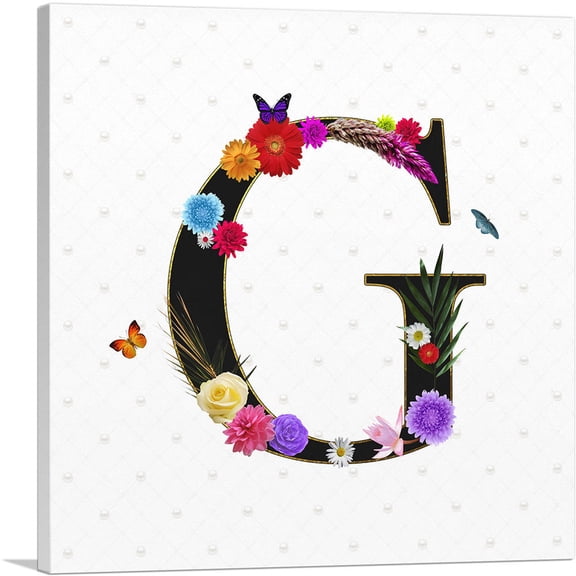 ARTCANVAS Flower Plant Butterfly Alphabet Letter G Canvas Art Print - Size: 12" x 12" (0.75" Deep)