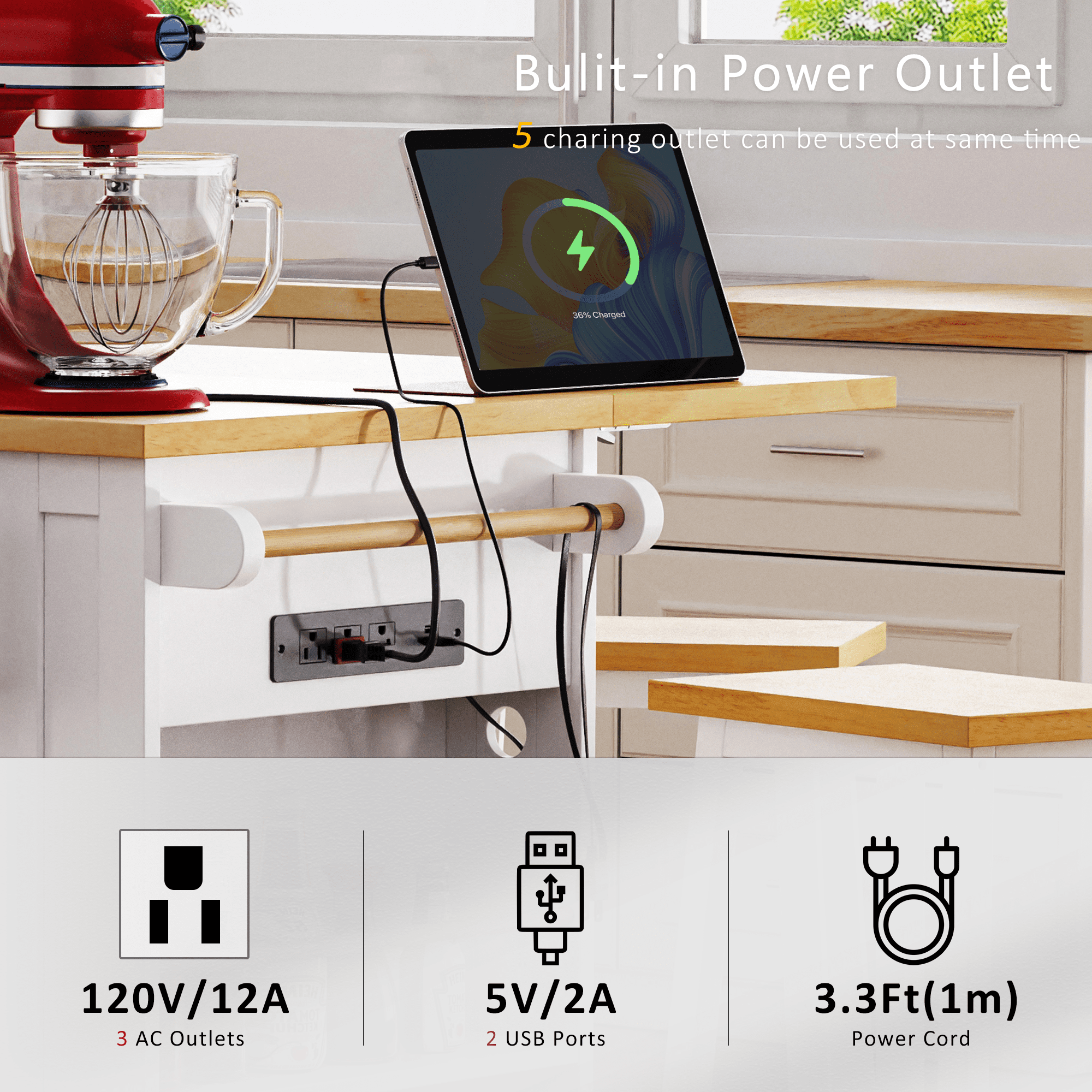 Yoneston 53" Rolling Kitchen Island with 2 Bar Stools, Kitchen Storage Cart with Power Outlet, Internal Storage Rack, Drop Leaf, 5 Open Side Racks, 3 Drawers 2 Doors for Kitchen Dining Room, White