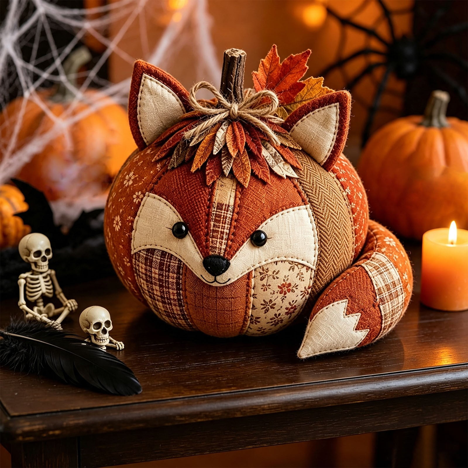 DIY Animal Pumpkin Sewing Kit Patchwork Ornament Craft Kit Fall Farmhouse Fabric Craft with Pre-Cut Pieces for Halloween Thanksgiving Decor(Fox)